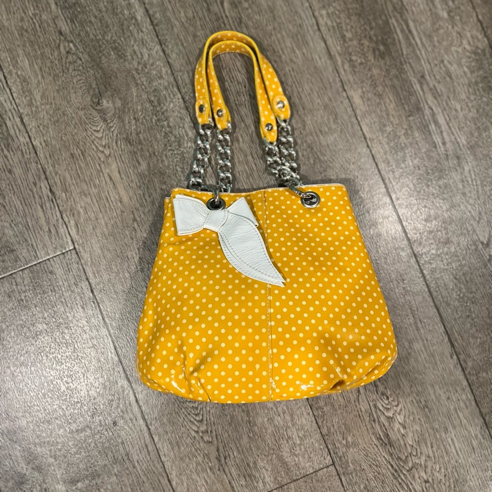 Roberta Gandolfi Yellow Polka Dot Genuine Patent Leather Handbag. Made In Italy.